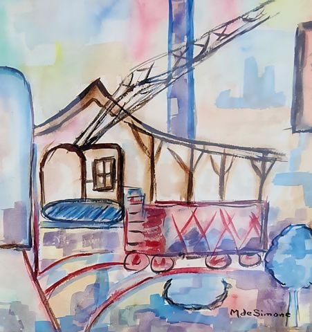 M. DeSimone Abstract Expressionist Industrial-Themed Watercolor Painting under glass. Signed 1964 - 2