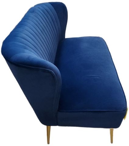 Designer Modern Version of Hollywood Regency Deco Style Blue Velvet Settee w/ Tapered Brass Legs - 2