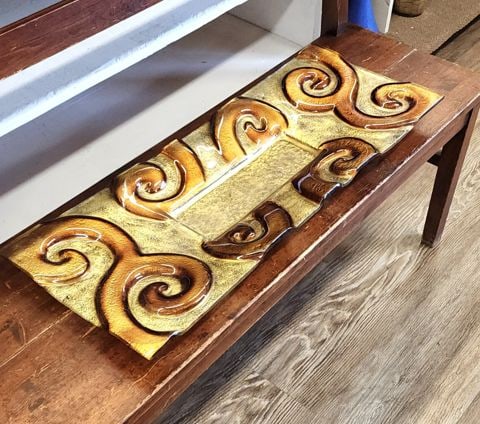 Vintage large mid-century modern heavy glass art centerpiece tray w/ bold sculptural look. 36" x 12" - 2