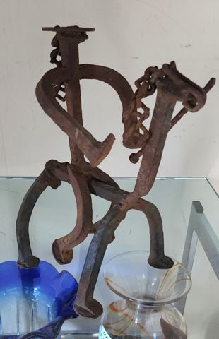 Mid-Century brutalist folk art iron sculpture from horseshoes depicting horse and rider. Circa '68 - 4