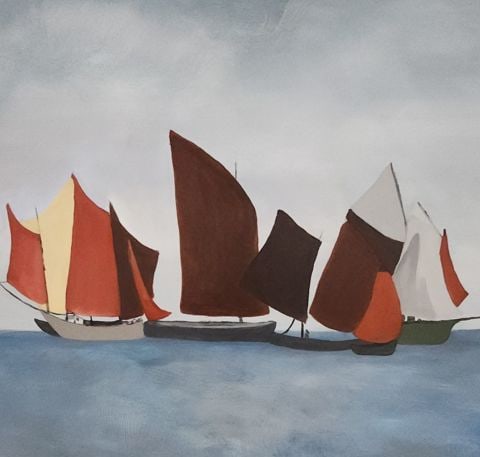 Jane Watson's 40×48 Original Iconic Oil Painting, RED SAILS Capturing the Wonder of Sailboats - 2