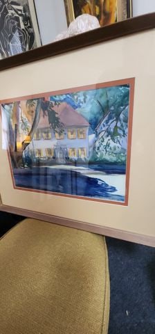 Wonderful original vintage watercolor depicting a home with its surrounding foliage. - 5