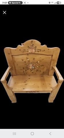 Vintage (likely) Scandinavian carved rustic country pine bench w/ hand-painted floral motif. - 2