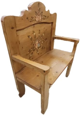 Vintage (likely) Scandinavian carved rustic country pine bench w/ hand-painted floral motif. - 3