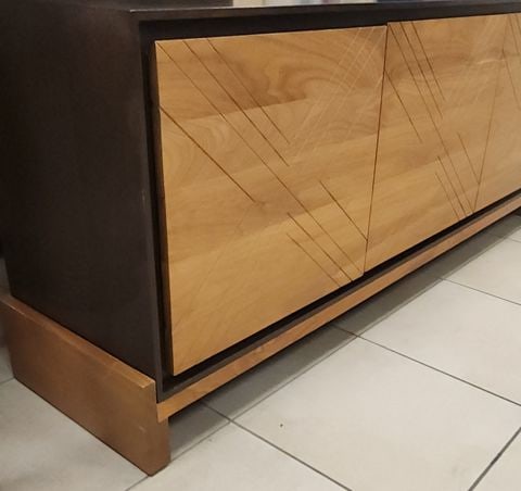 MCM Style 72W x 30H x 18 Lawson-Fenning Sideboard-Buffet. Walnut w/ 3 Oak Geometric Scribed Doors - 12