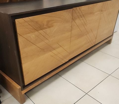 MCM Style 72W x 30H x 18 Lawson-Fenning Sideboard-Buffet. Walnut w/ 3 Oak Geometric Scribed Doors - 2