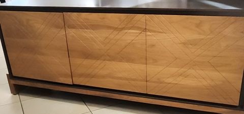 MCM Style 72W x 30H x 18 Lawson-Fenning Sideboard-Buffet. Walnut w/ 3 Oak Geometric Scribed Doors - 7