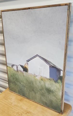 Serene minimalist vintage oil painting of house by the sea w/ grassy wetland in the foreground. - 2