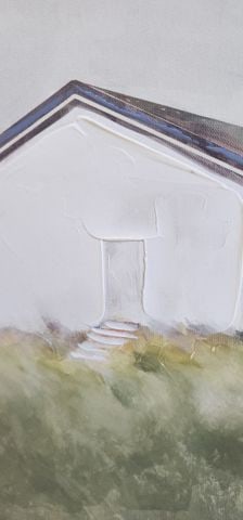 Serene minimalist vintage oil painting of house by the sea w/ grassy wetland in the foreground. - 3