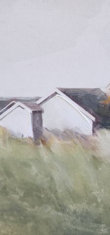 Serene minimalist vintage oil painting of house by the sea w/ grassy wetland in the foreground. - 4