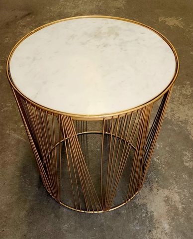 Rare vintage round heavy marble side table w/ gold tone intricic art deco wire base - 2