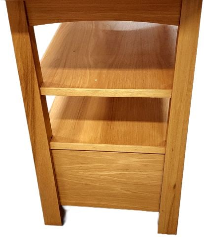 Vintage A.A. Laun Furniture solid Maple or Teak Mission-Style Console Table w/ 2 shelves and drawer. - 4