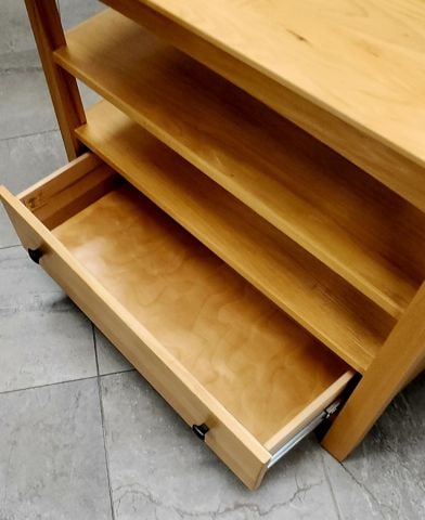 Vintage A.A. Laun Furniture solid Maple or Teak Mission-Style Console Table w/ 2 shelves and drawer. - 6