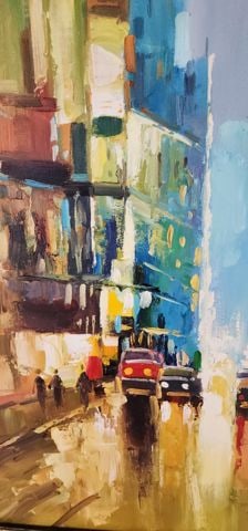 Modern Original Abstract Impressionist Oil Painting of NYC w/ Brilliantly Colored Cubist Imagery. - 3