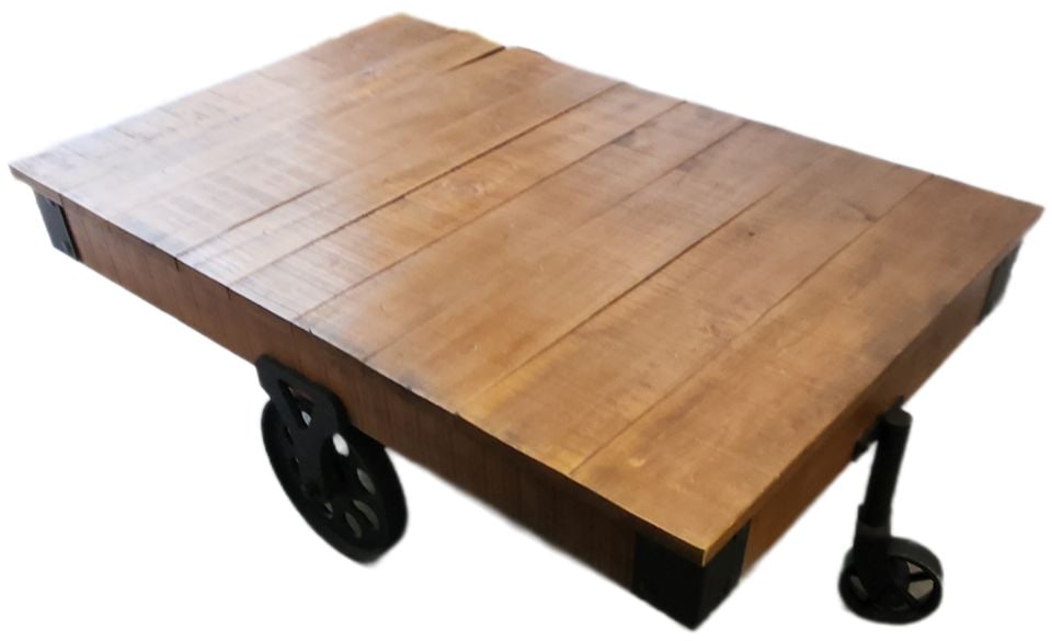 Large Industrial Factory Cart Coffee Table w/ Planked Wood & Cast Iron Wheels (1 of 3)
