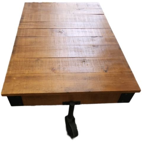 Large Industrial Factory Cart Coffee Table w/ Planked Wood & Cast Iron Wheels - 3