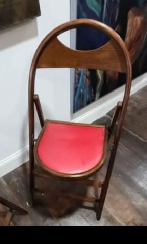 Pair of rare antique wood and vinyl folding chairs - 4