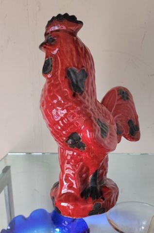 Rare vintage large red and black ceramic rooster sculpture w/ high glaze - 4