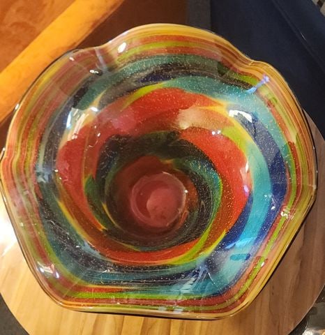 Fabulous Murano* Heavy Sculptural Rainbow-Style Art Bowl w/ Gold Flecks. 17D x 9H *Likely Origin - 7