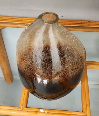 Pair of vintage art glass amber sculptural vases w/ crackled glass designed by Uttermost - 6