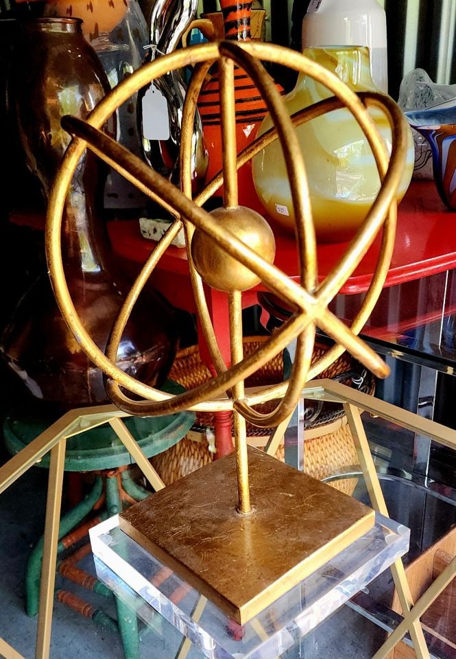 Vintage modernist metal armillary 12" sphere sculpture w/ antique gold tone finish on lucite base. (1 of 5)