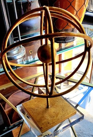 Vintage modernist metal armillary 12" sphere sculpture w/ antique gold tone finish on lucite base. - 2