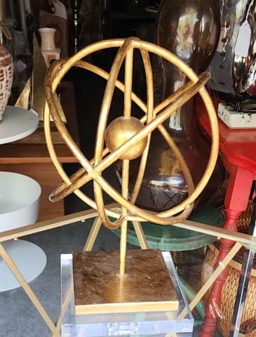 Vintage modernist metal armillary 12" sphere sculpture w/ antique gold tone finish on lucite base. - 3