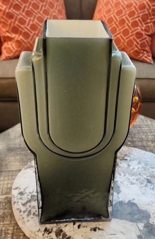 Stunning Vintage Deco-Inspired Smoky Gray Green Art Glass Vase. Heavy. 13h x 6w x 3d - 2