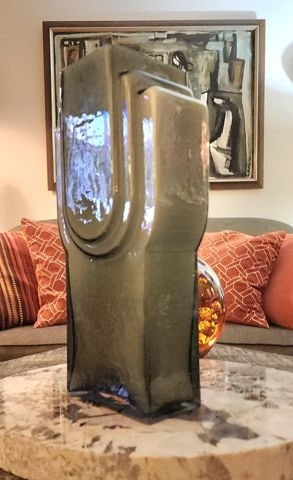 Stunning Vintage Deco-Inspired Smoky Gray Green Art Glass Vase. Heavy. 13h x 6w x 3d - 3