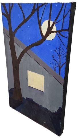 Vintage signed impressionist oil painting w/ the Moon against backdrop of bold contrasting - 2