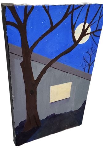 Vintage signed impressionist oil painting w/ the Moon against backdrop of bold contrasting - 3
