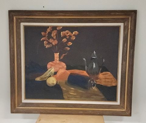Masterful vintage 40x30 oil painting of still life w/ exquisitely arranged items and bold imagery. - 2