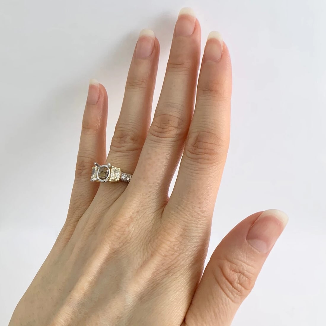 Half Moon Yellow White Pave Diamond Engagement Ring Setting Mounting Platinum - 3