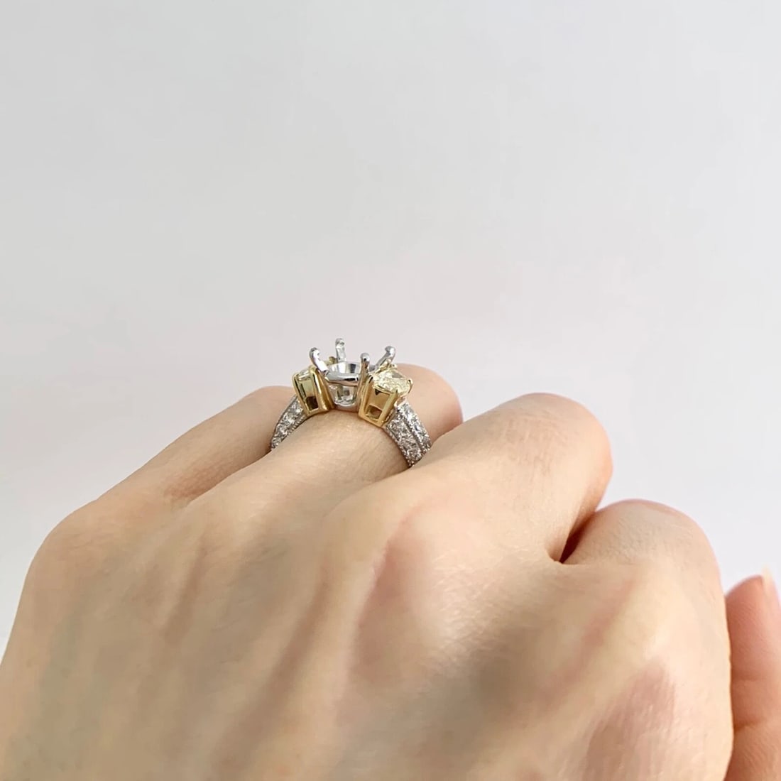 Half Moon Yellow White Pave Diamond Engagement Ring Setting Mounting Platinum - 4