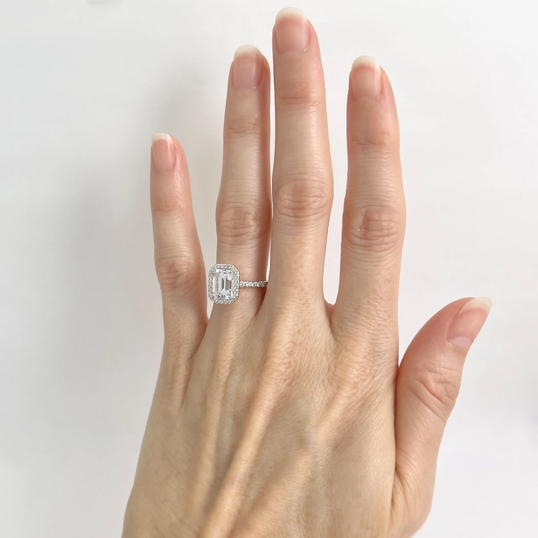 Emerald Cut CZ Diamond Halo Engagement Ring 14K White Gold, 2.78 Grams - 2