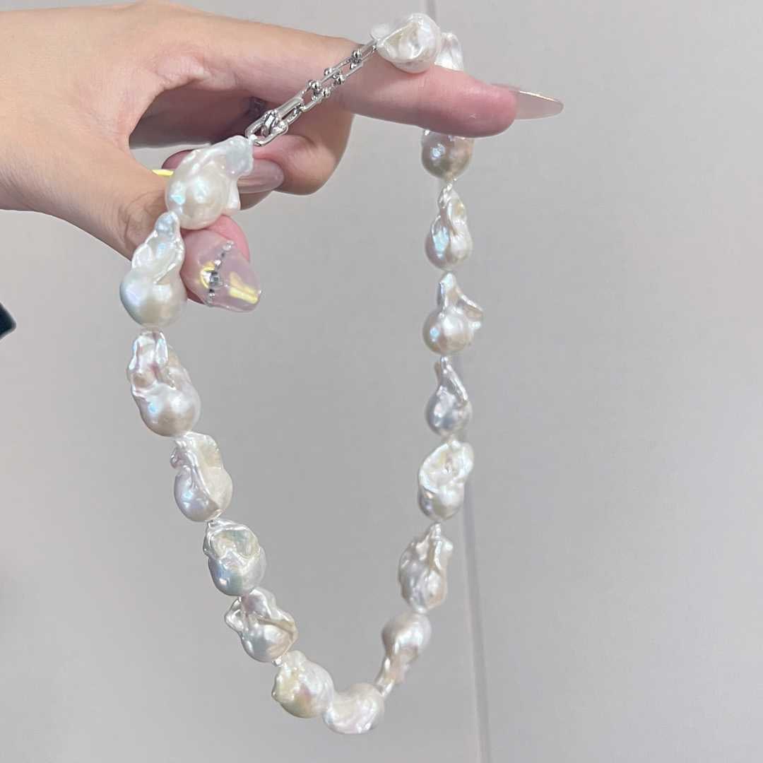 Pure Silver Natural Strong Luster Baroque Freshwater Pearl Necklace - 3