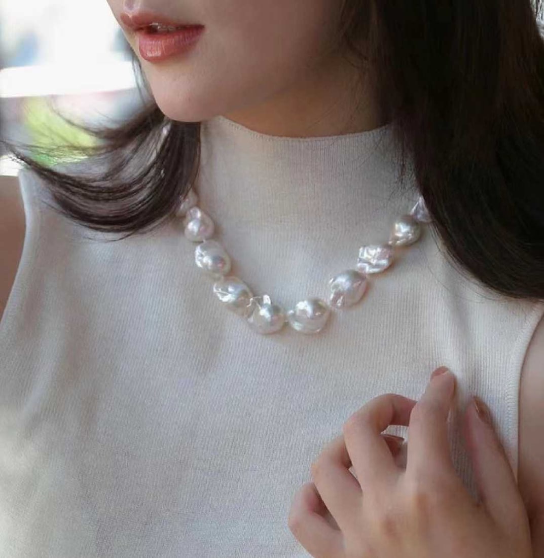 Pure Silver Natural Strong Luster Baroque Freshwater Pearl Necklace - 6