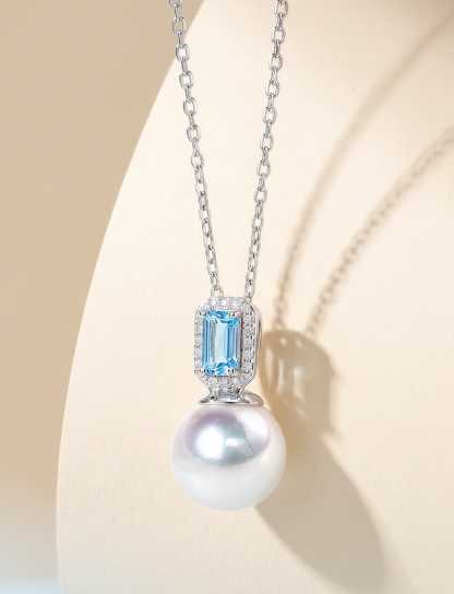 18K Gold Diamond-Set Blue Topaz Pearl Pendant (1 of 6)
