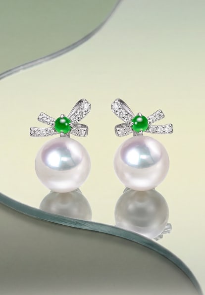 18K Gold Diamond, Jadeite Jade & Akoya Pearl Stud Earrings (1 of 5)