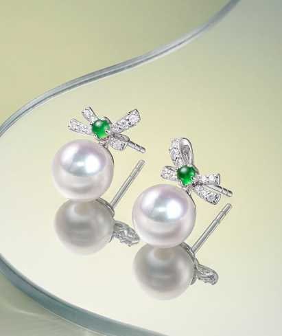 18K Gold Diamond, Jadeite Jade & Akoya Pearl Stud Earrings - 2