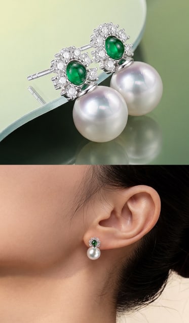 18K Gold Diamond, Jadeite Jade & Akoya Pearl Stud Earrings - 5