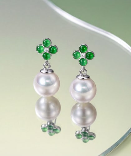 18K Gold Diamond, Jadeite Jade & Akoya Pearl Stud Earrings (1 of 5)