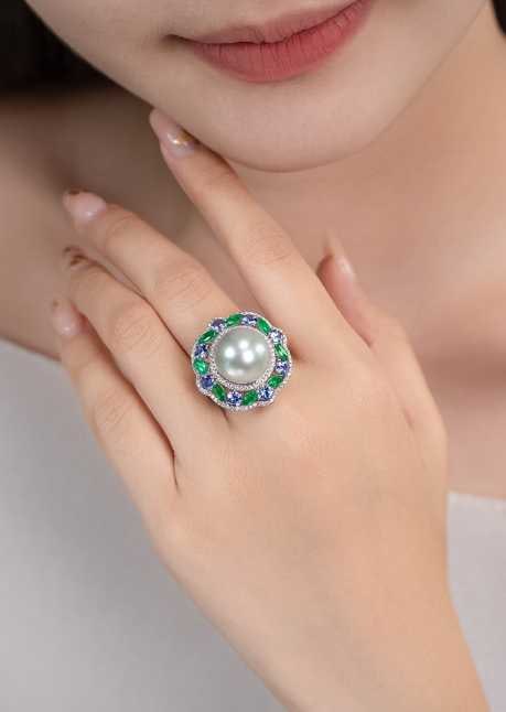 18K Gold Natural Diamond Emerald Sapphire Pearl Ring - 2