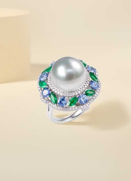 18K Gold Natural Diamond Emerald Sapphire Pearl Ring - 3