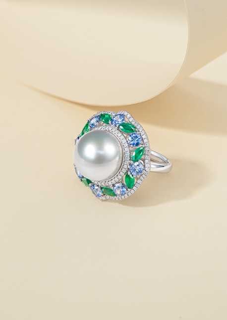 18K Gold Natural Diamond Emerald Sapphire Pearl Ring - 4