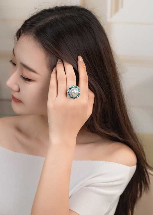 18K Gold Natural Diamond Emerald Sapphire Pearl Ring - 5