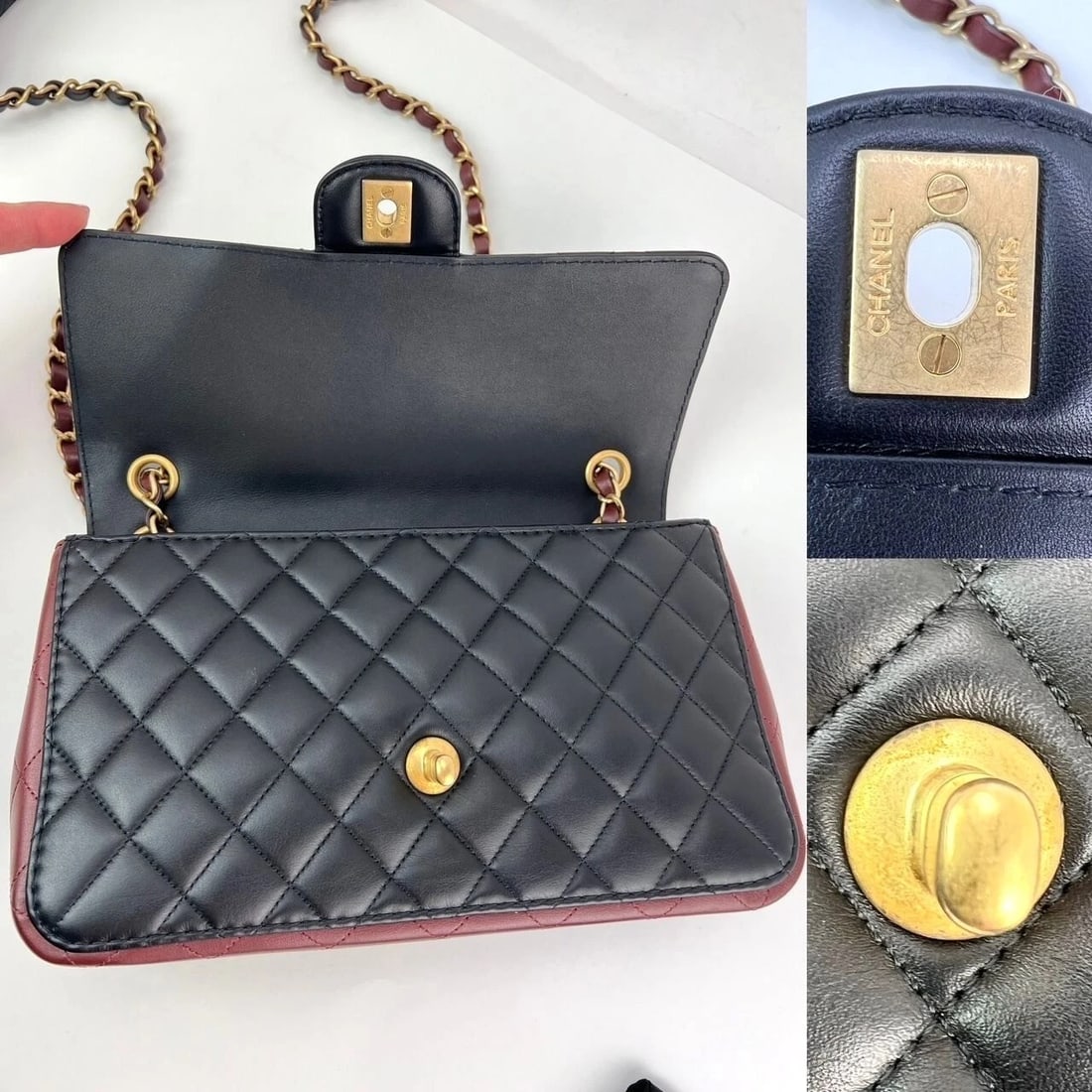 Chanel Calfskin Quilted Strap into Flap Black Burgundy Shoulder Bag - 6
