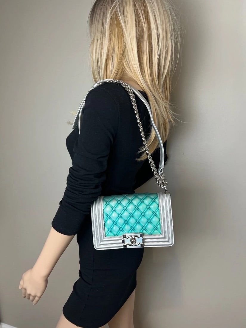Chanel Iridescent Lambskin PVC Quilted Small Boy Flap Silver Blue Bag - 12