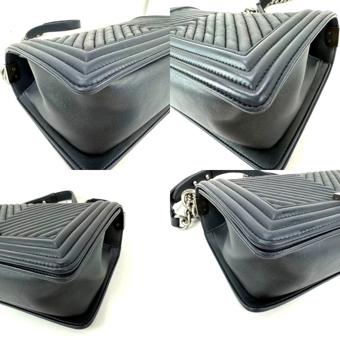 CHANEL Lambskin Chevron Quilted Medium Boy Flap Navy Blue Shoulder Bag - 17