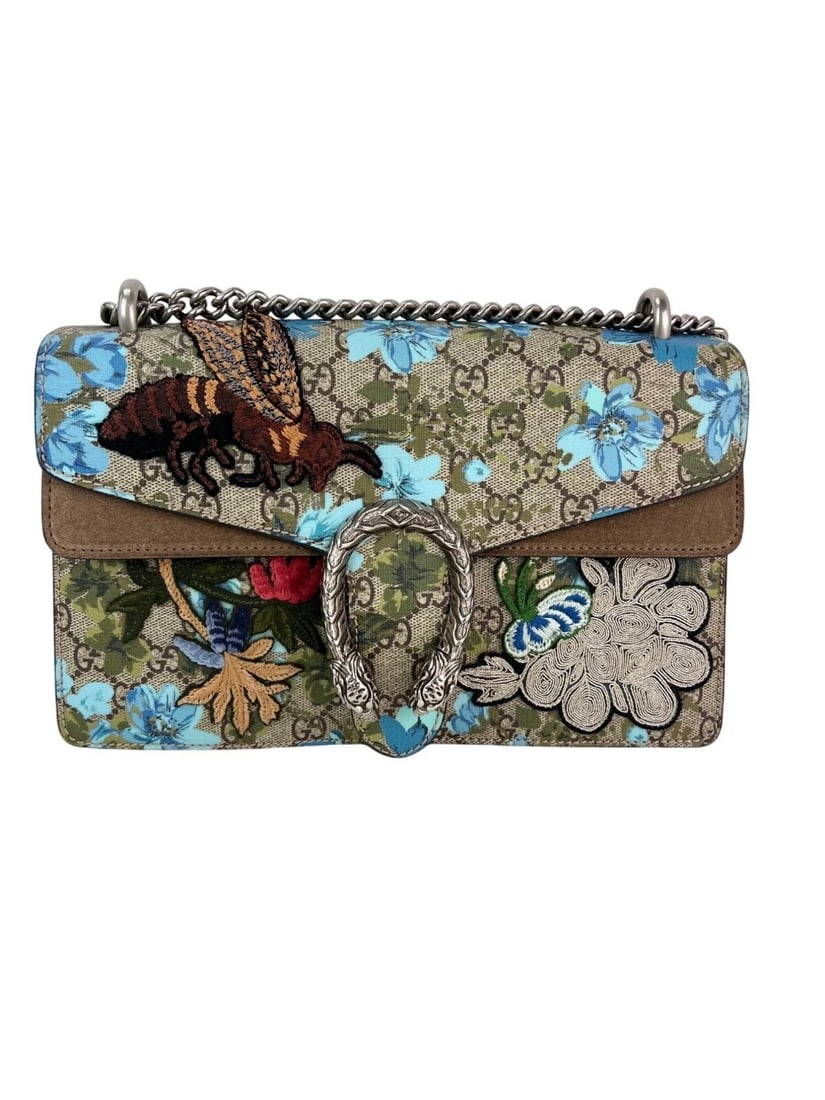 Gucci GGSupreme Blooms Print Embroidered MM Dionysus Blue Shoulder Bag: Title: Gucci GGSupreme Blooms Print Embroidered MM Dionysus Blue Shoulder Bag Description: Pre-Owned 100% Authentic Gucci GG Supreme Bee Embroidered Blooms Medium Dionysus Shoulder Bag RATING: